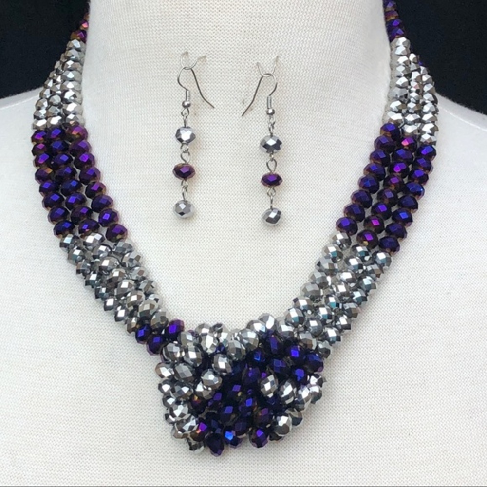 Purple Silver Metallic Bead Knotted Necklace Set